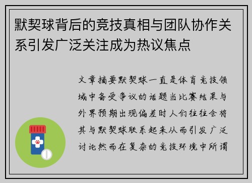 默契球背后的竞技真相与团队协作关系引发广泛关注成为热议焦点